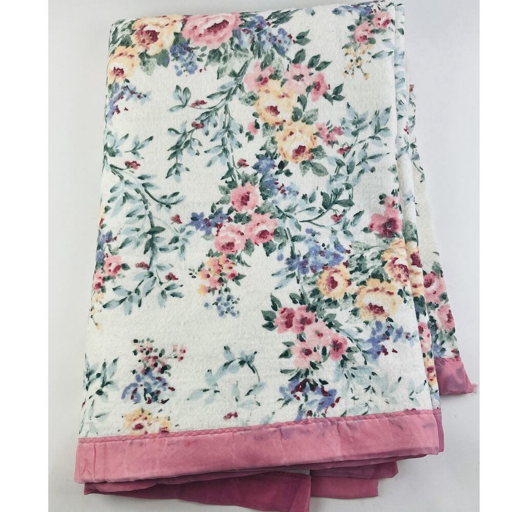 Vintage Blanket WPL1675 Floral Flowers Pink Twin Acrylic Nylon Edge Fleece USA